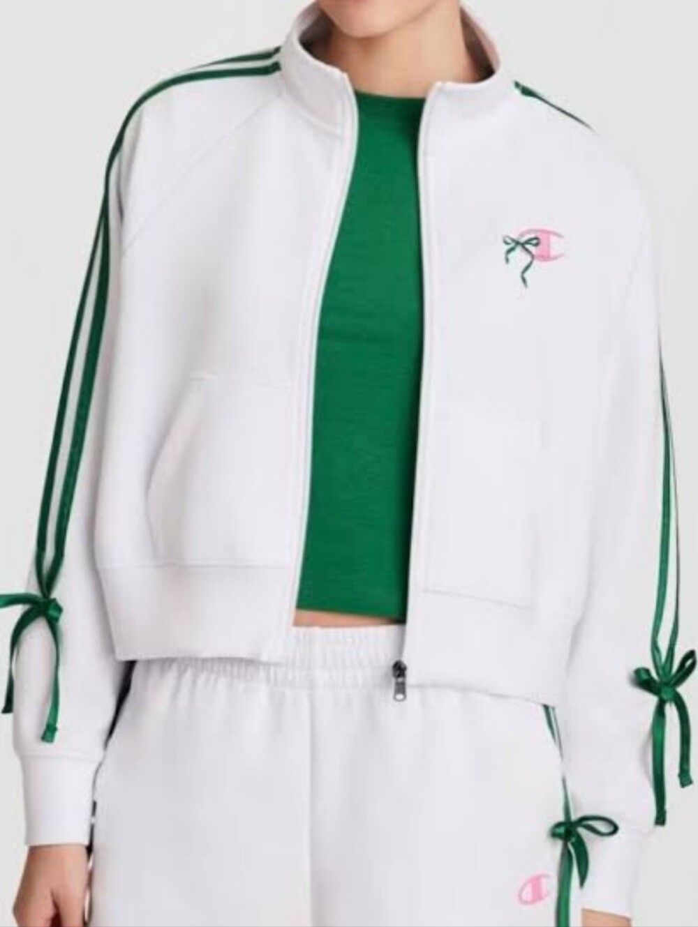 NWT Champion White Zip-Front Varsity Jacket with Green Trim